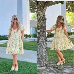 Uncle Frank Floral Tiered Cotton Mini Dress Size Small Pockets Collared V-Neck